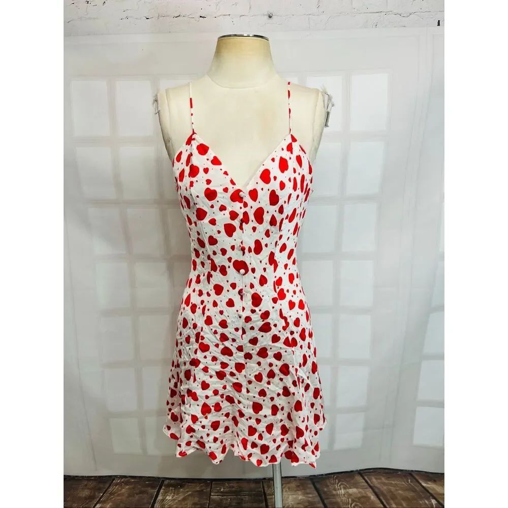 Magic Red White 100% Silk Heart Print Sleeveless V-Neck Mini Dress Size Small